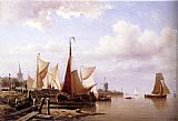 A River Estuary With Moored Fishing Pinks And Townsfolk On The Quay by Everhardus Koster